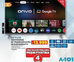ONVO 500VF9000UQ 50 İNÇ FRAMELESS ULTRA HD QLED GOOGLE TV AKILLI TELEVİZYON fiyat ve kampanya bilgisi